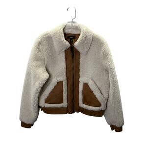 AQUA Womens Faux Fur Suede Mixed Media Bomber Jacket Cream Cognac XS Full Zip